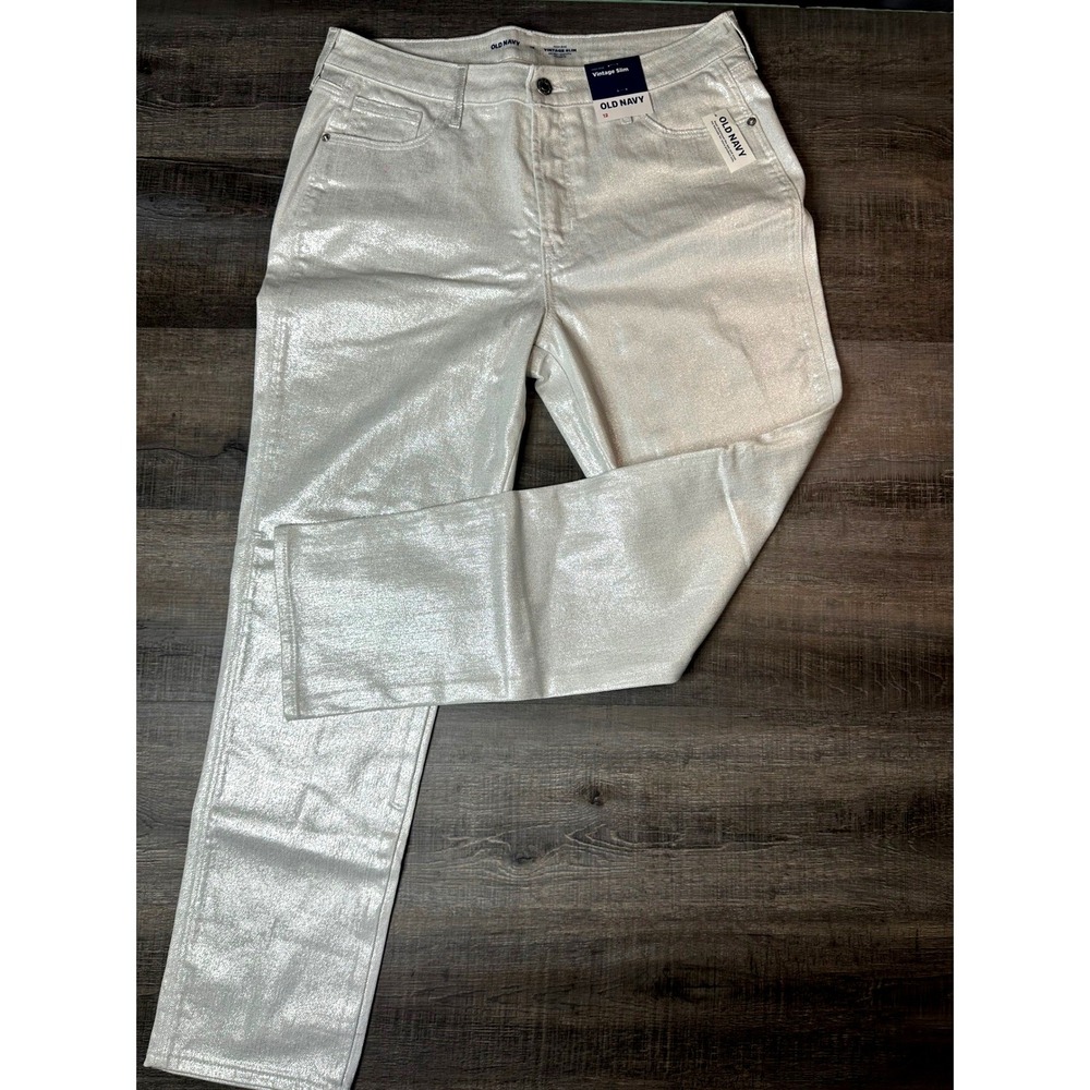 Old Navy Womens 12 High-Rise Vintage Slim Silver Metallic Jeans NWT Holiday